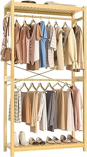 Homykic Bamboo Clothes Rack with Shelves and Double Hang Rods, Portable Closet System Garment