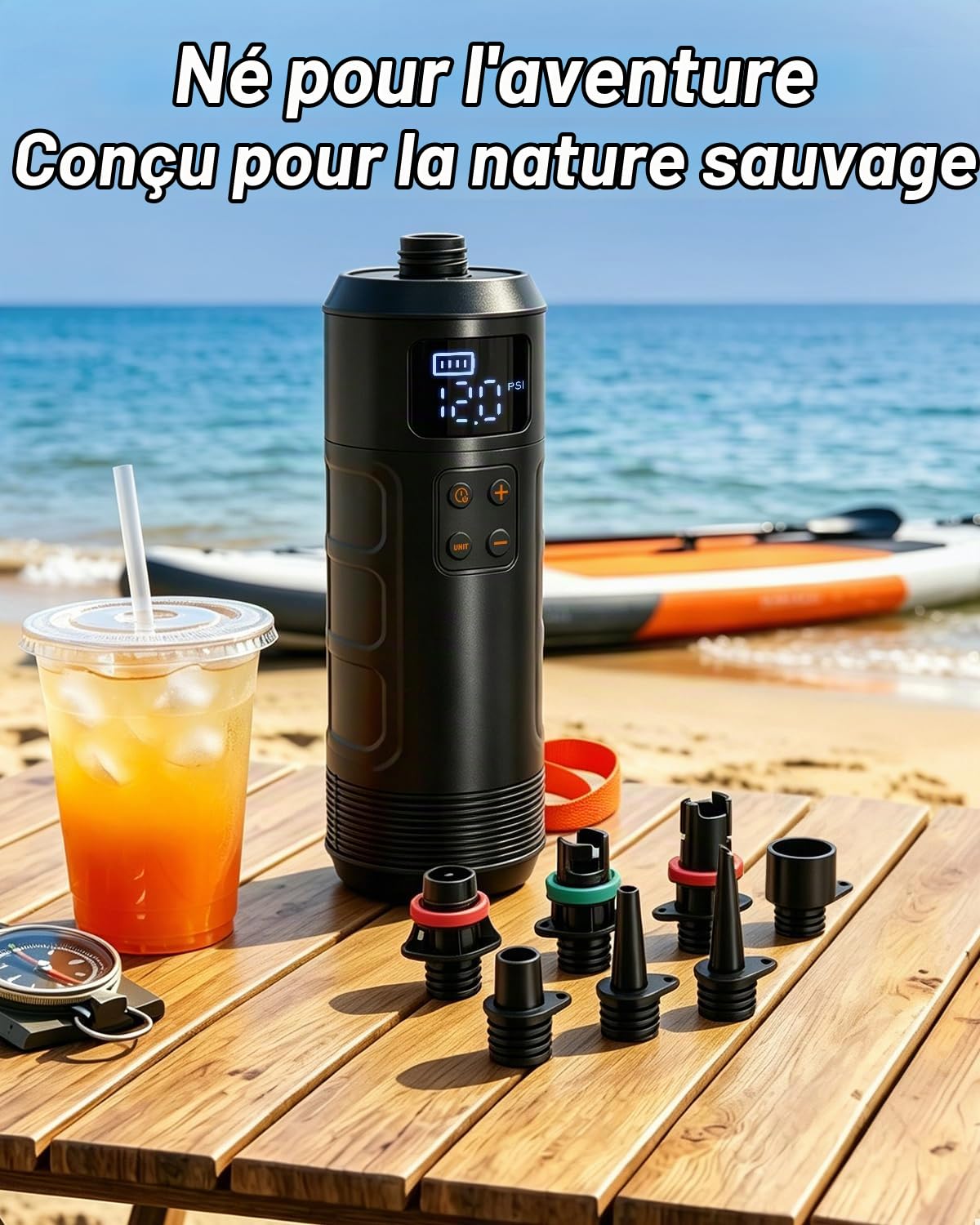 Pompe Sup Rechargeable sans Fil, Pompe À Air Électrique Intelligente 12 PSI avec 7 Buses Et Arrêt Auto, Mini Gonfleur Haute Pression Portable pour Kayak, Bateau Gonflable, Tente, Jouets Piscine