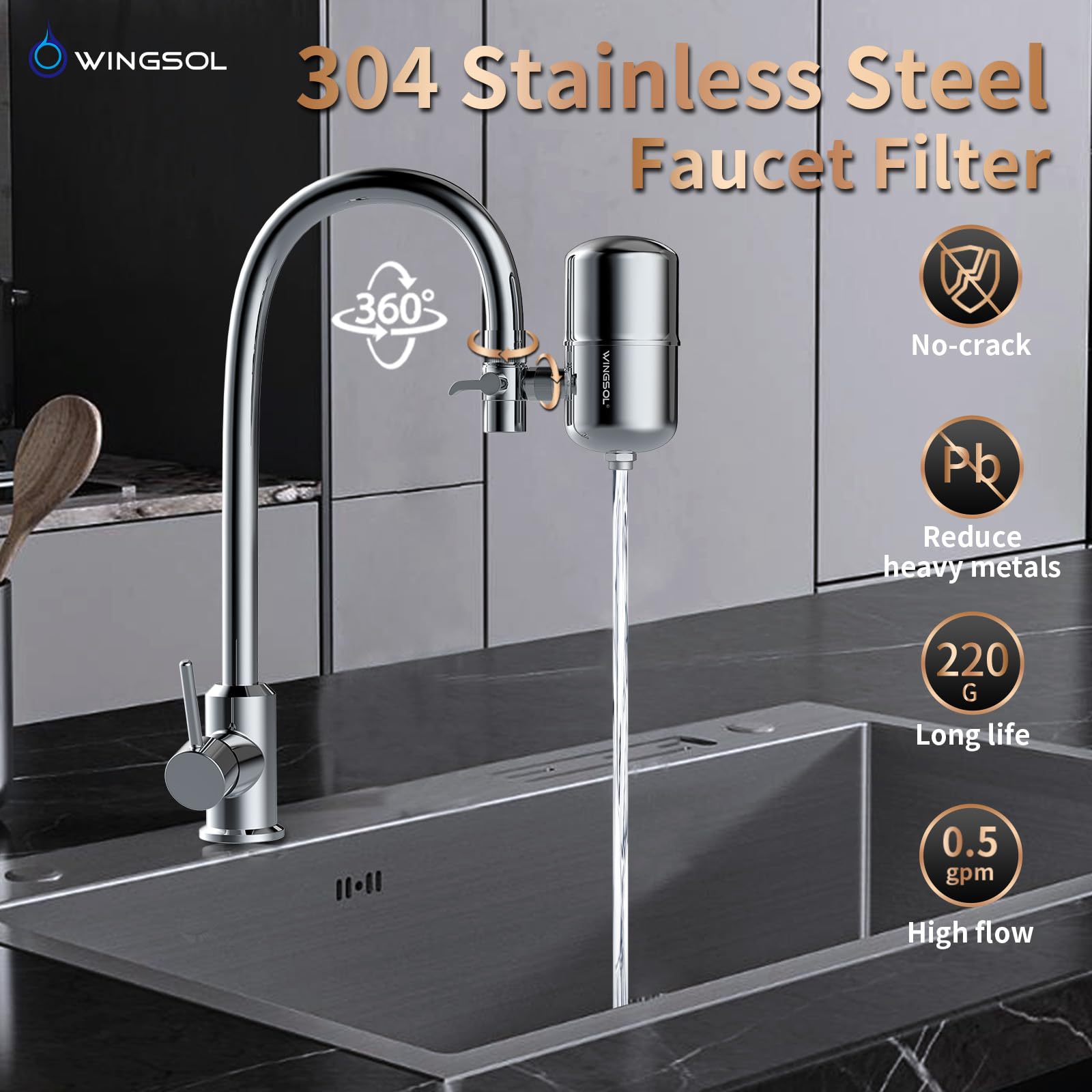 WINGSOL WINGSOL Faucet Filter Reduce Heavy Metals 99.6% Lead, Increase Water pH & Taste NSF/ANSI 42&53 - Image 2