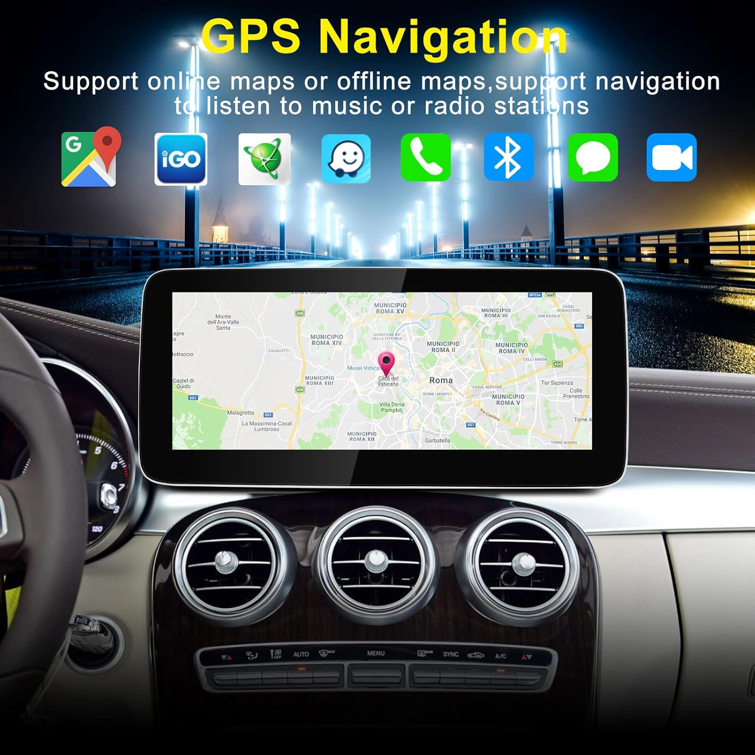 Image displaying the GPS navigation interface on the 12.3-inch screen, showing a map with a route and various navigation app icons like Google Maps and Waze.