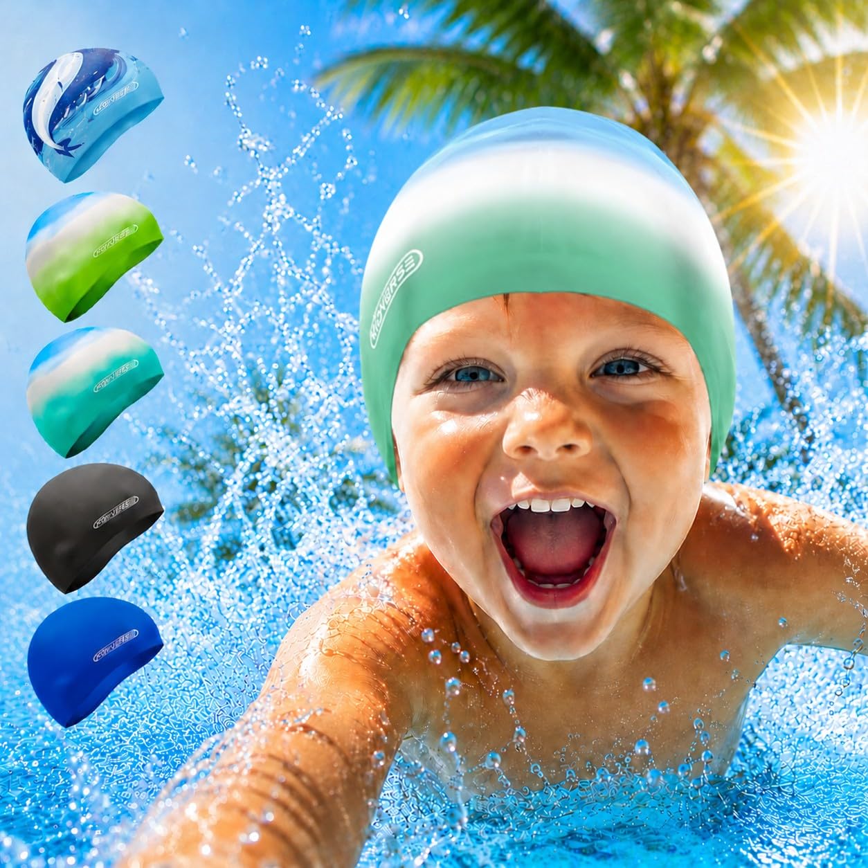 KIDVERSE Badekappe - Wasserdichte Schwimmhaube mit Anti-Rutsch-Noppen für rutschfesten Halt - UV Schutz - 100% Reißfest - Silikon