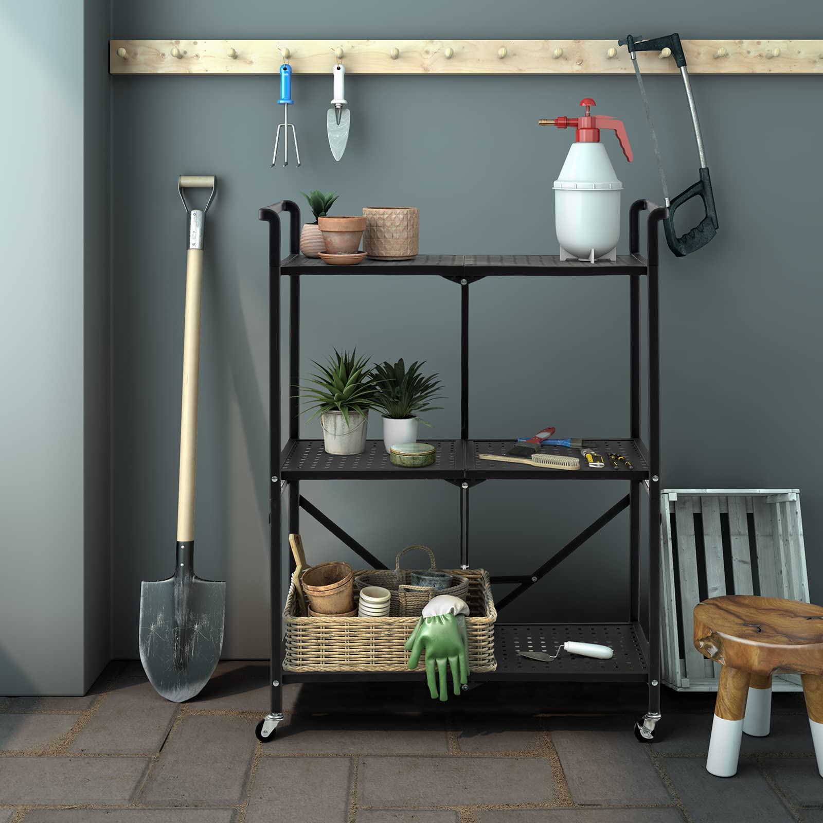 HOMASIS Carro plegable de cocina con 3 niveles, carrito de cocina con 4 ruedas, incluye 2 frenos, carrito de almacenamiento para ahorrar espacio, estantería de metal, estante de cocina, carrito