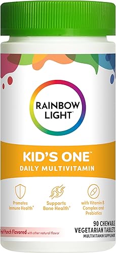 Rainbow Light Kids One MultivitamĂnico con complejo de vitamina B sabor a ponche de frutas 90 tabletas el paquete puede variar Rainbow Light Kids One MultivitamĂnico con complejo de vitamina B sabor a ponche de frutas 90 tabletas el paquete puede variar