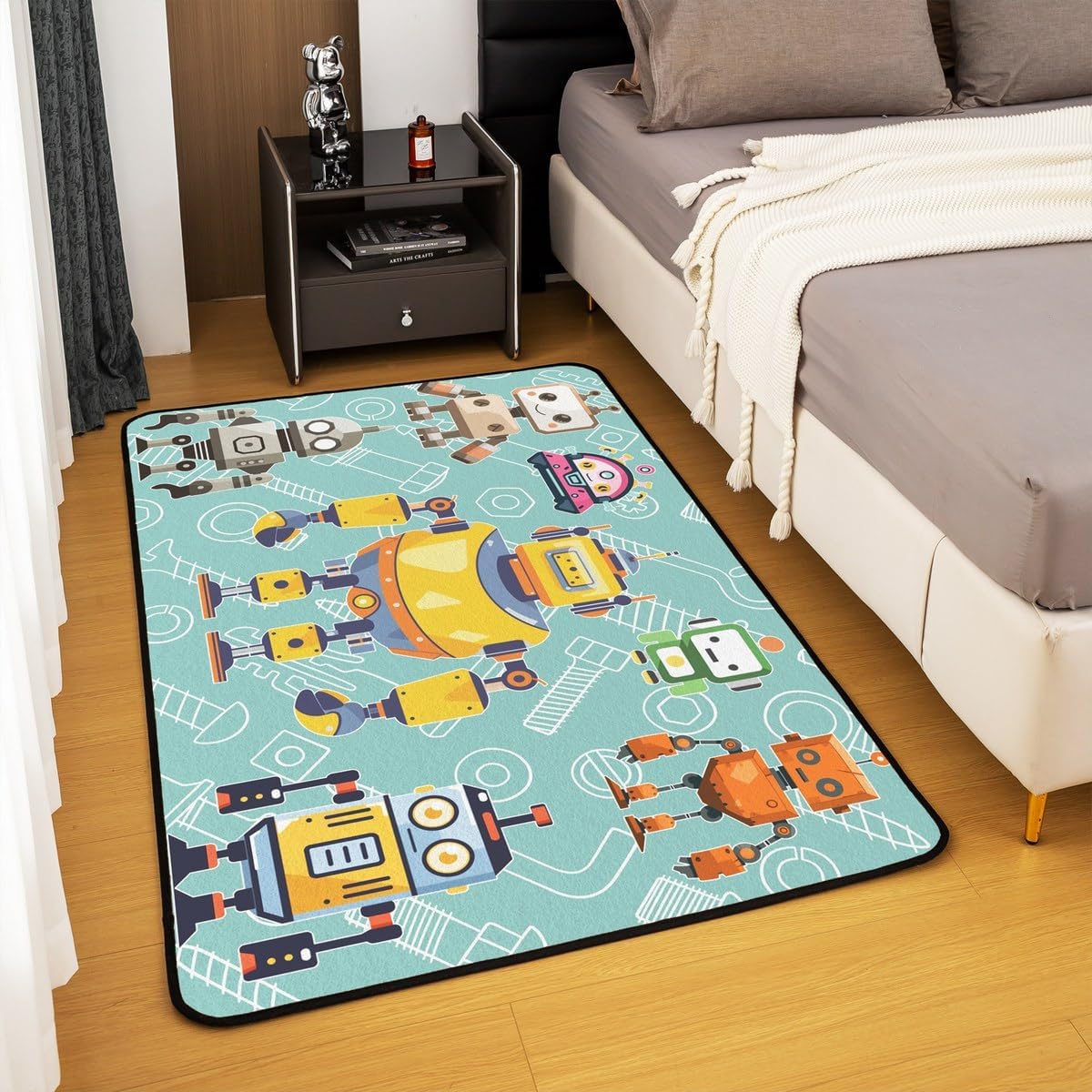 Cartoon Robot Indoor Floor Mat,Colorful Intelligent Machine Graffiti Decorative Carpet for Bedroom Bedside, Kids Boys Teal Playroom Rugs Home Decor 5x6'6'' Area Rug