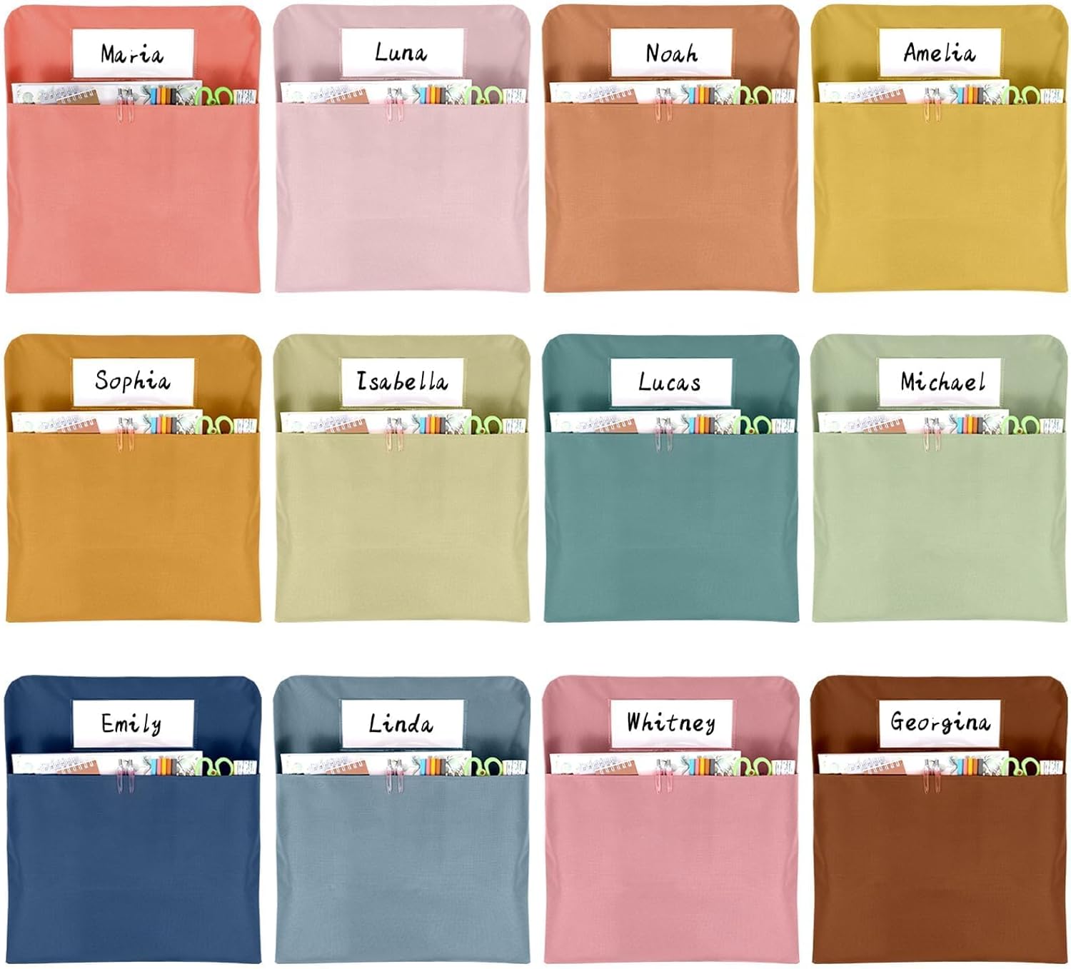 12 Pcs Chair Pockets for Classroom 17 x 20 Inch Seat Sacks with Name Tag for Classroom Chairback Pocket Chart K-2 Chairs Seat Back Organizer for Elementary School Daycare Home Supplies (Boho)