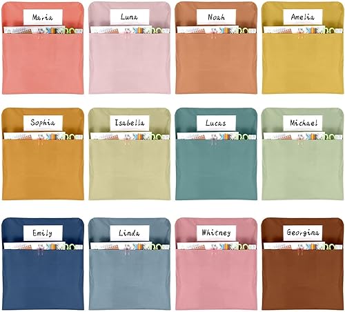 12 bolsillos para sillas de aula de 17 x 20 pulgadas, sacos de asiento con etiqueta de nombre para silla de aula, tabla de bolsillo para sillas K-2,