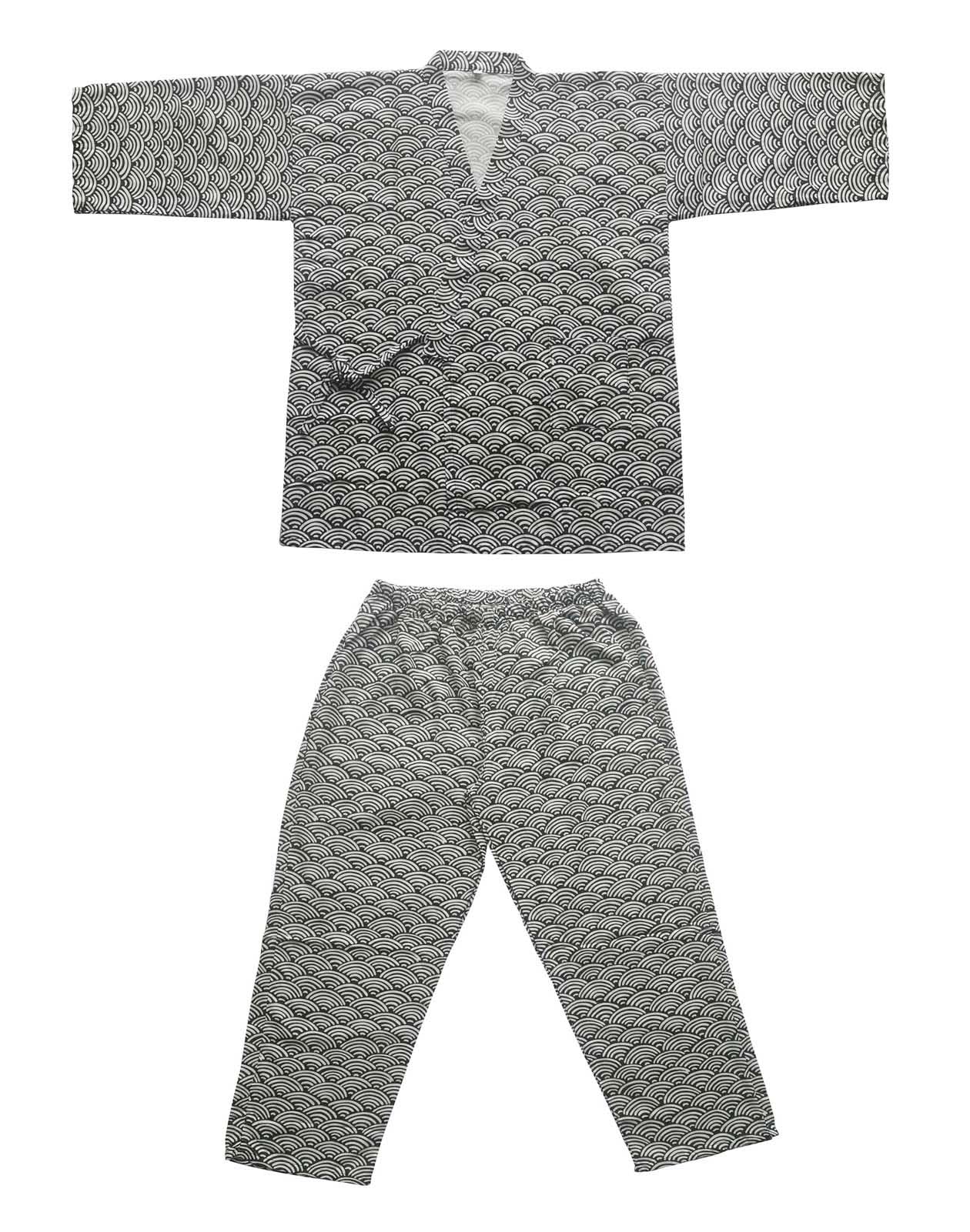 ZEALMAX Kimono japonés camisa y pantalón, ropa de descanso de lino de algodón, conjunto de bata de baño, olas negras, talla única
