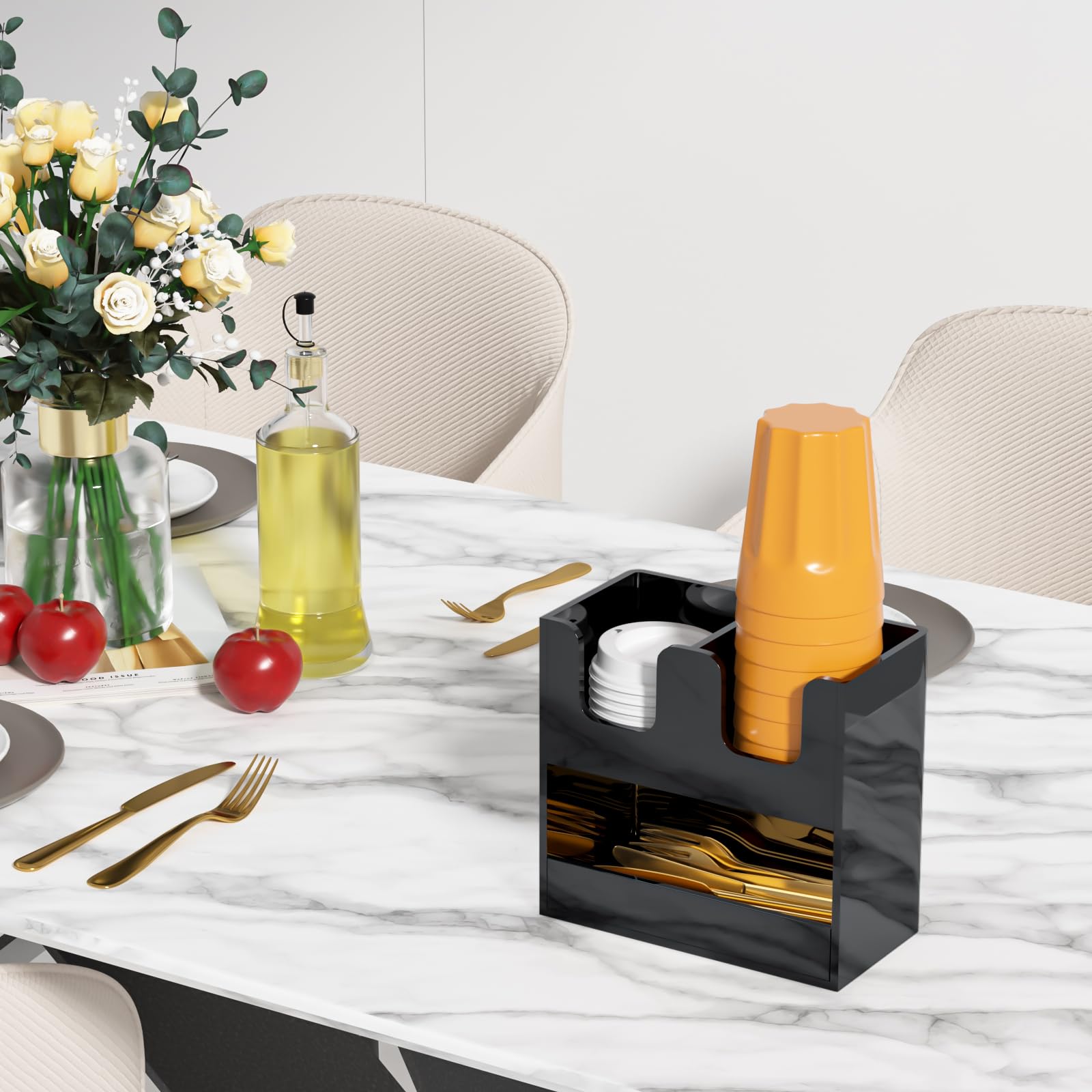 Beego Portavasos de 3 compartimentos para encimera, dispensador de tazas de acrílico negro de 2 niveles, estación de café, taza de papel y tapa, organizador de condimentos para restaurante, sala de