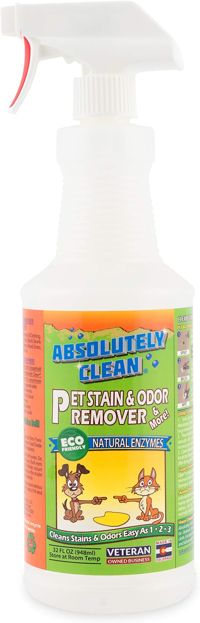 Absolutely Clean Amazing Pet Odor Eliminator for Home, Professional Strength: Natural Enzymes Remove Most Stains in 60 Seconds -Dog/Cat Urine, Vomit, Bile, Feces, Grass, Blood, Drool, More -USA Made