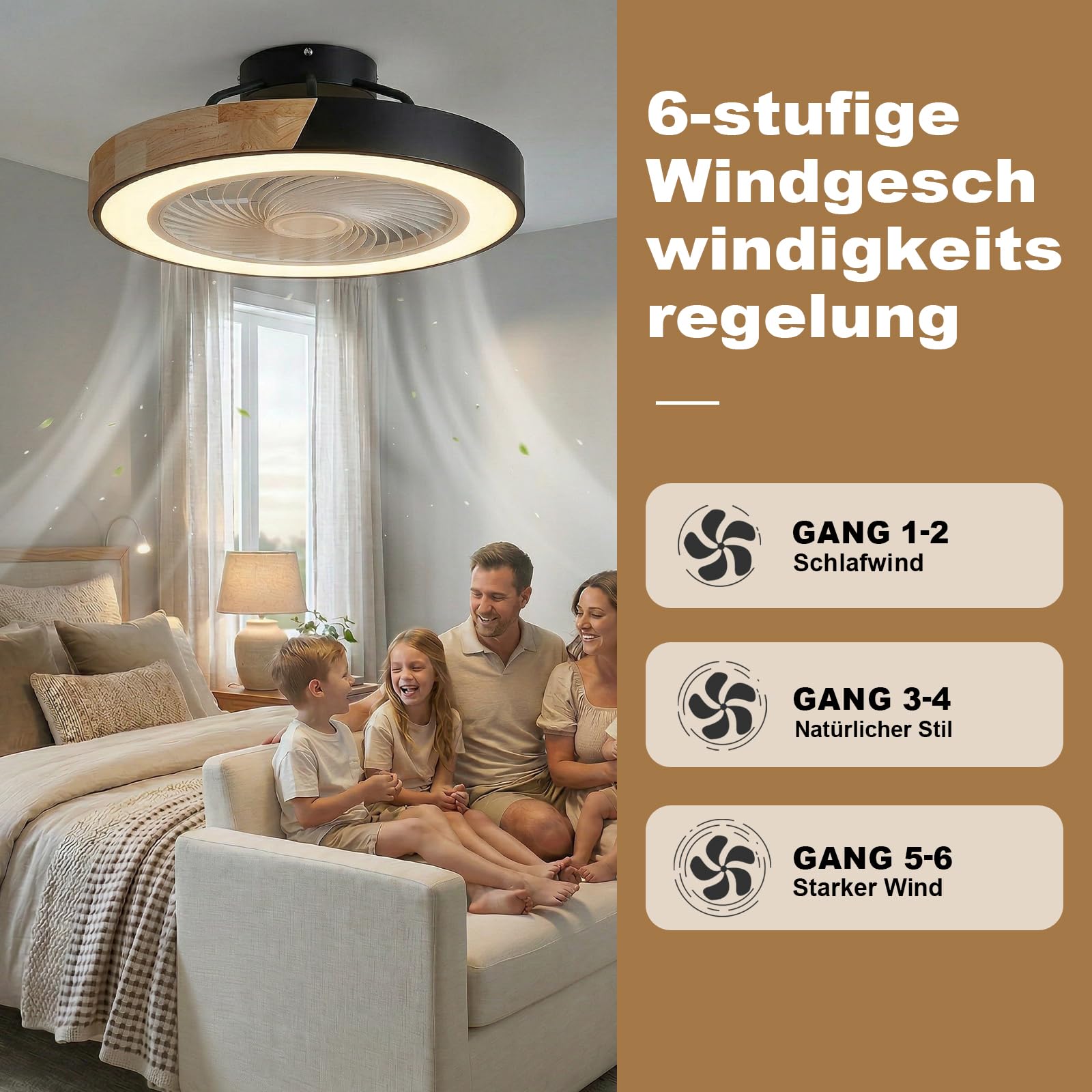 DATO Deckenventilator mit Beleuchtung, 3 Farbtemperatur und 6 Geschwindigkeiten LED-Deckenventilator mit Lampe Leise Dimmbar (A)