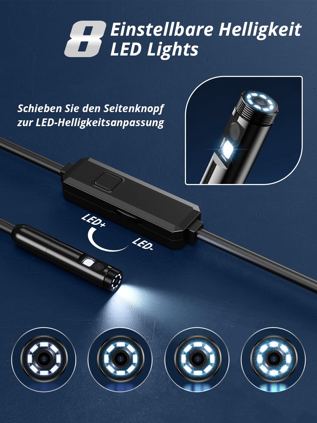 Acoath Endoskopkamera mit Licht, 1920 HD Rohrkamera mit 8 LEDs, IP67 Wasserdichtes Inspektionskamer Handy Gadget, 3M Kanalkamera Werkzeuge für Android & iOS - 2 Lenses