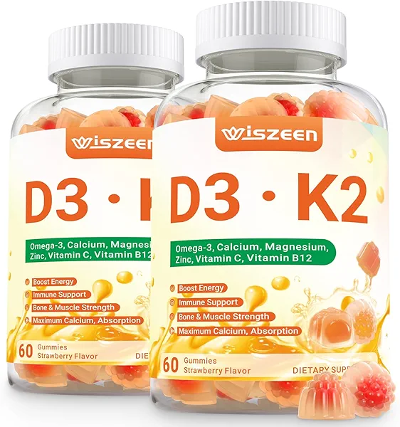 Vitamin D3 K2 Gummies, Vitamin D3 10000 IU & K2 (MK-7) 200 mcg - D3 K2 Supplement with Omega 3, Calcium, Magnesium for Bone Muscle Teeth Immune