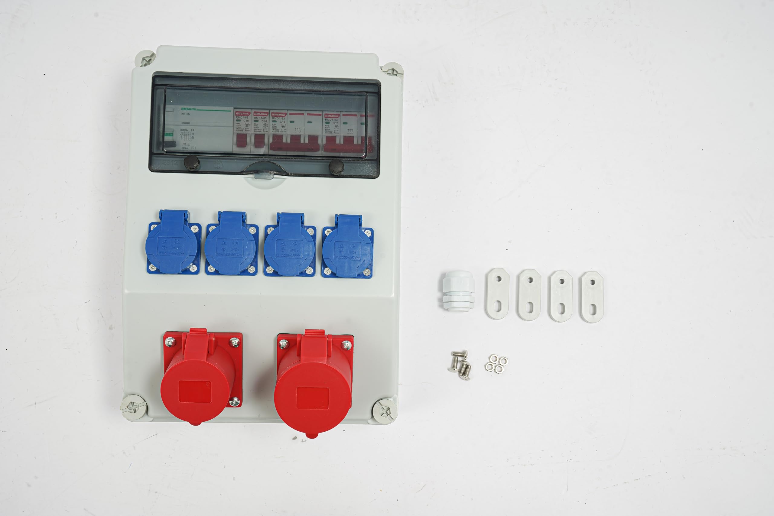 Enchufe de pared combinado IP44 – Distribuidor de pared con 4 enchufes Schuko + 2 enchufes de 5 pines (16 A/32 A) – Caja de distribución de corriente impermeable, ABS / PC, para interior/exterior