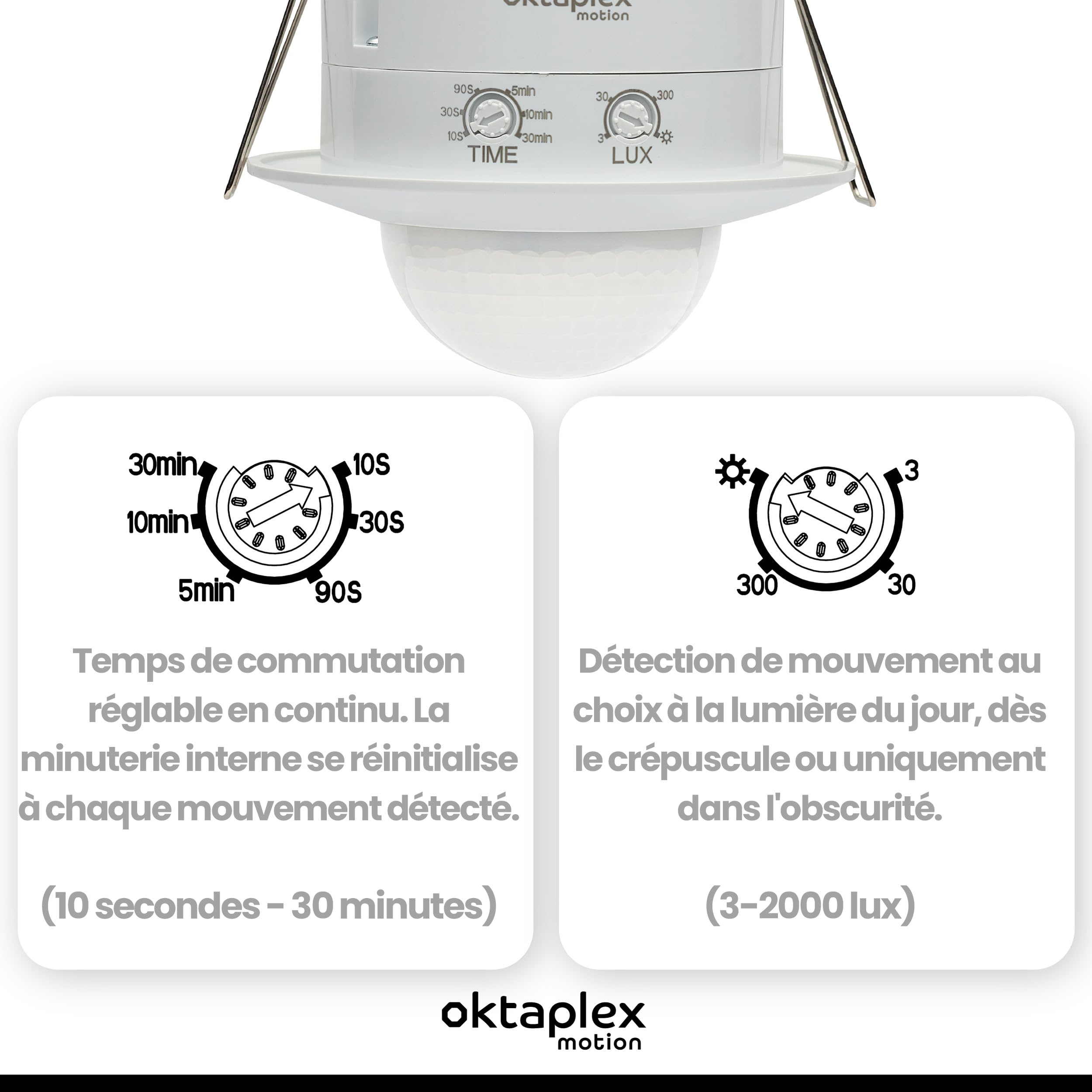 Oktaplex Sam Lot de 2 détecteurs de présence encastrables 360° PIR | Capteurs de mouvement intérieurs blancs 230V pour plafond