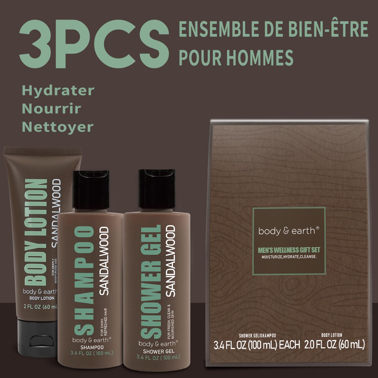 BODY & EARTH Men Gift Sets - 3PC Mens Gift Baskets Includes Sandalwood Shower Gel, Body Lotion, Shampoo, Mens Gift Basket as Birthday and Christmas Gifts for Men, Boyfriends and husbands - Image 2