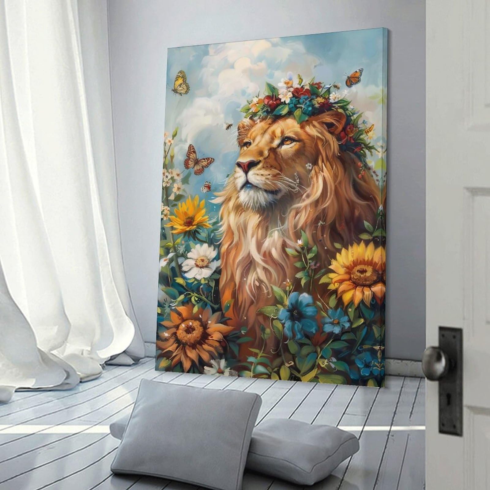 Junmoney Lion with Flower Crown in Nature Wall Picture Print 16x24inch(40x60cm), for Home Walls, Creative Rooms Or Shared Spaces, Stylish Home Artwork for Focal Walls