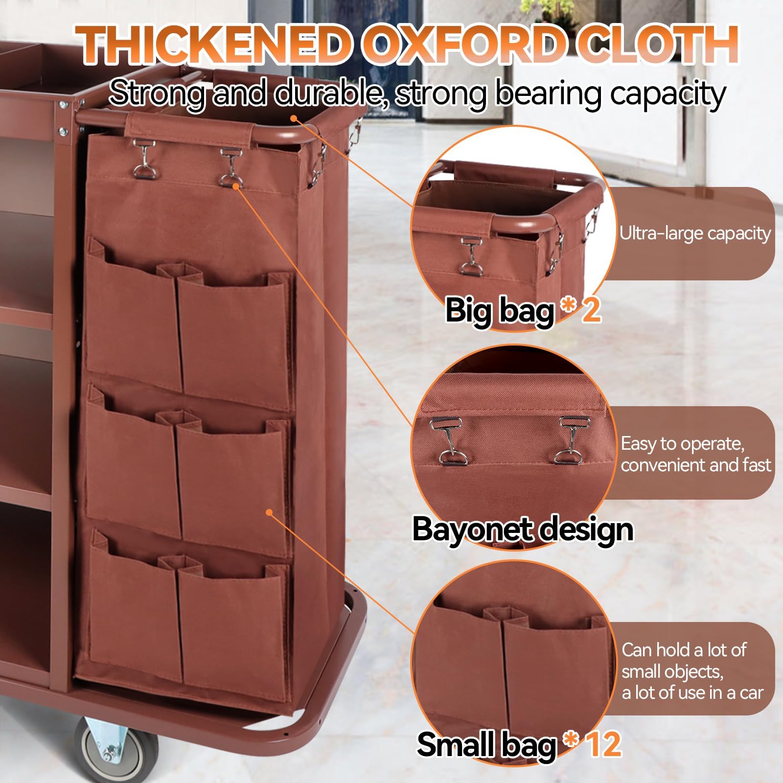 Carrito de Hotel Multifuncional, Carrito de Limpieza Comercial y Limpieza con Bolsa de Gran Capacidad y Ruedas