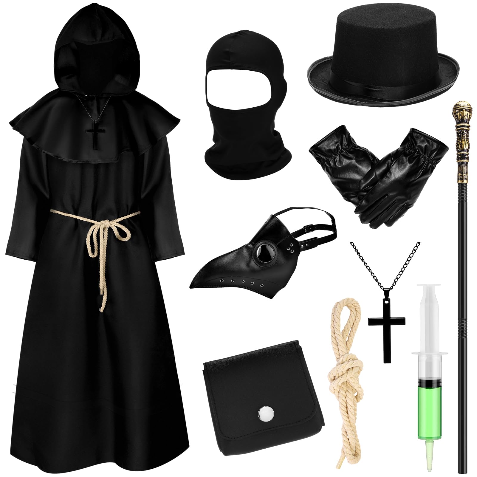 Toulite 11 Pieces Plague Doctor Costumes for Adult Men Women Scary Steampunk Halloween Cosplay Outfit Accessories XL