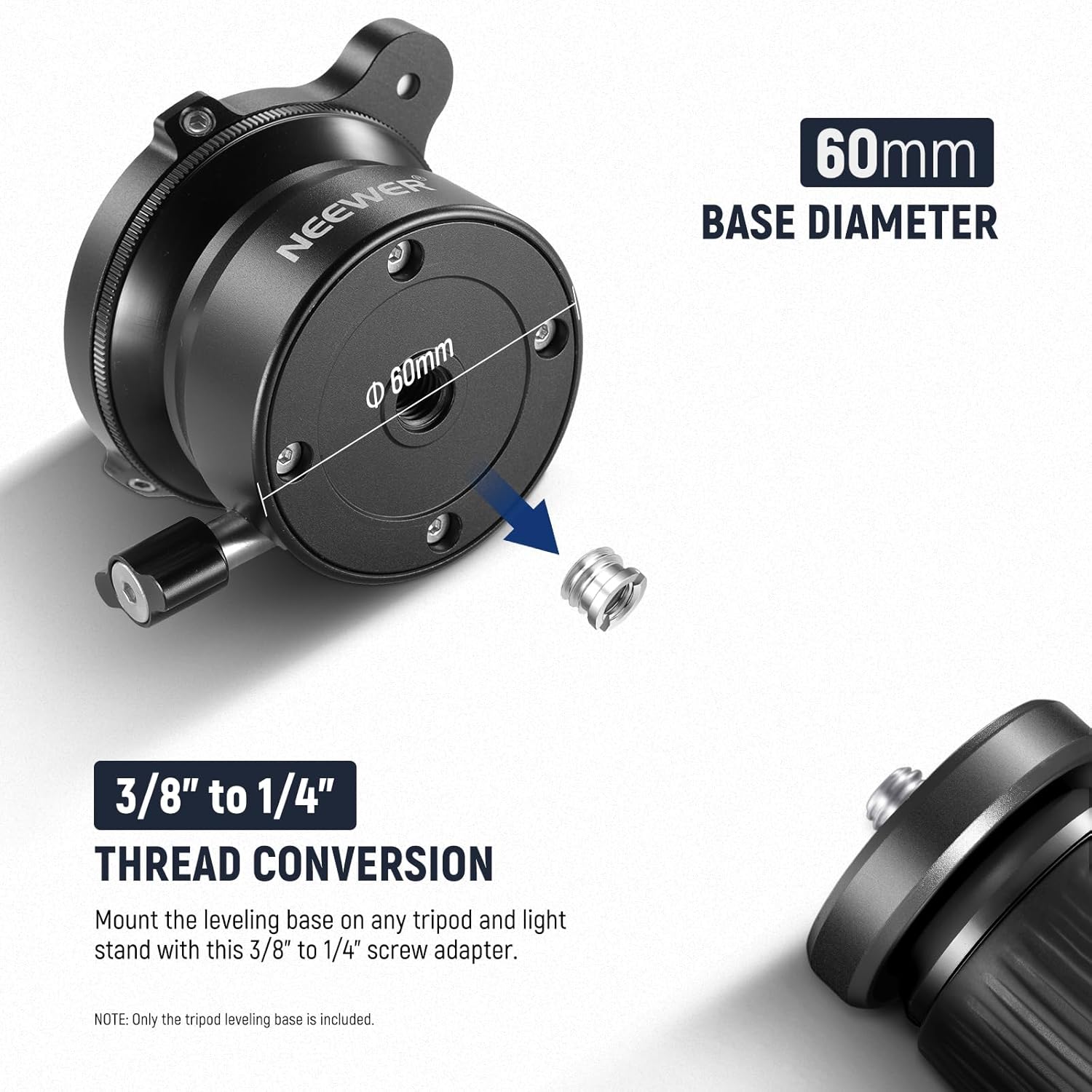 Image demonstrating the 3/8 inch to 1/4 inch thread conversion for mounting the leveling base.
