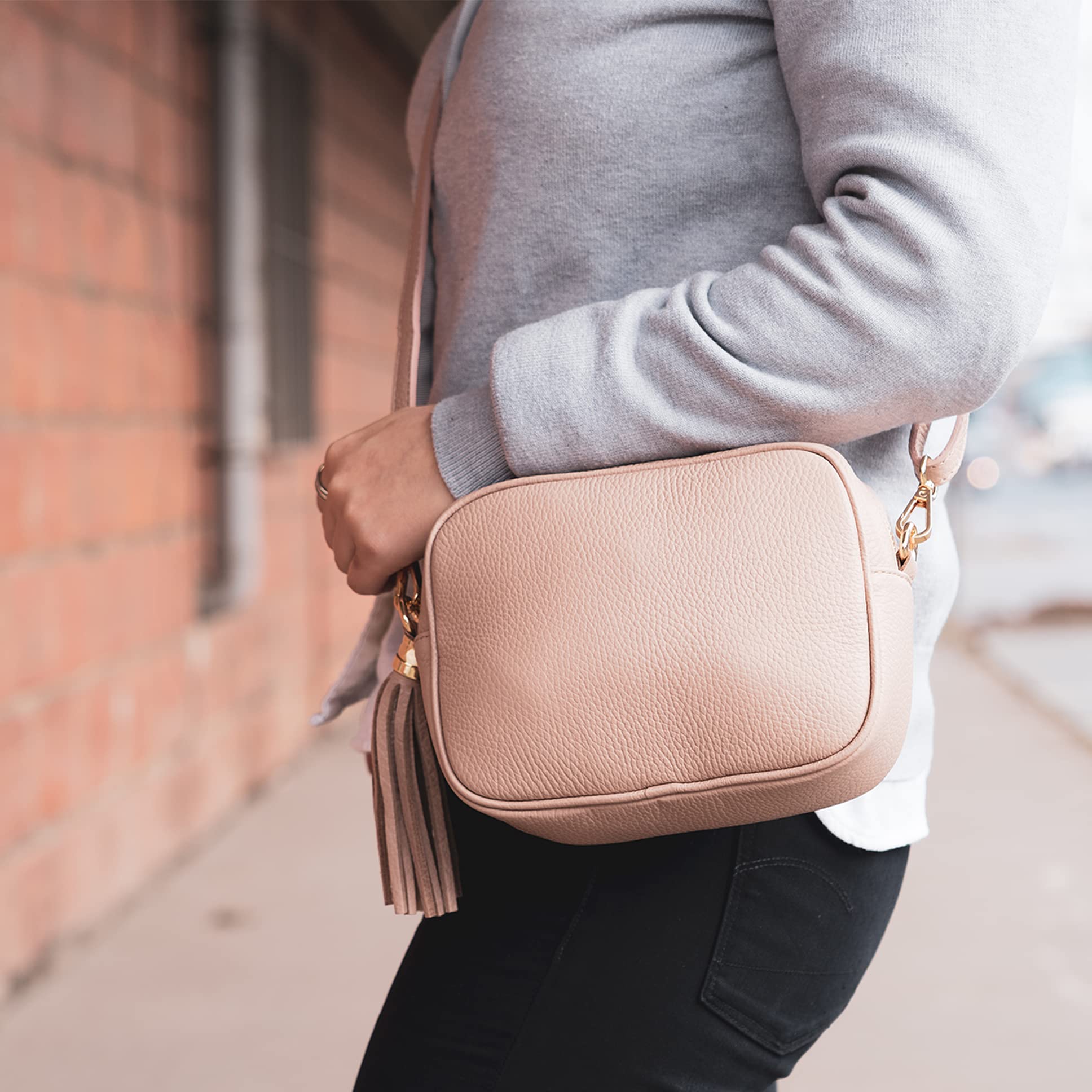 modamoda de - T240 - Bolso bandolera pequeño de piel auténtica italiana, beige, S