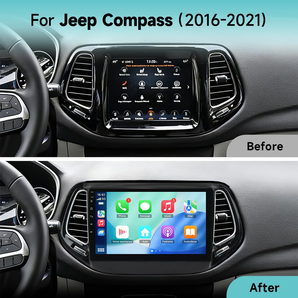 Autoradio 10" Android per Jeep Compass 2015 2016 2017 2018 2019 2020, Wireless CarPlay Android Auto, Navigazione GPS, Bluetooth, WiFi, Schermo Touch HD, Supporto Retrocamera 4+64