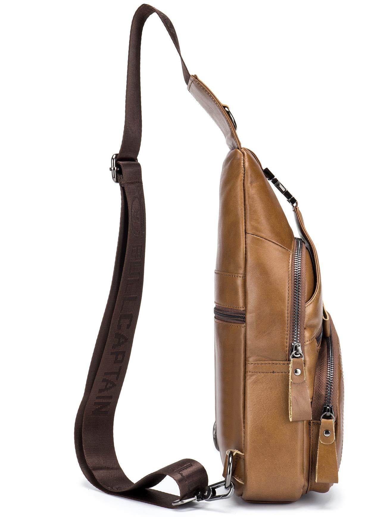 BULLCAPTAIN Leather Men Sling Bag Casual Crossbody Chest Bags Travel Daypack