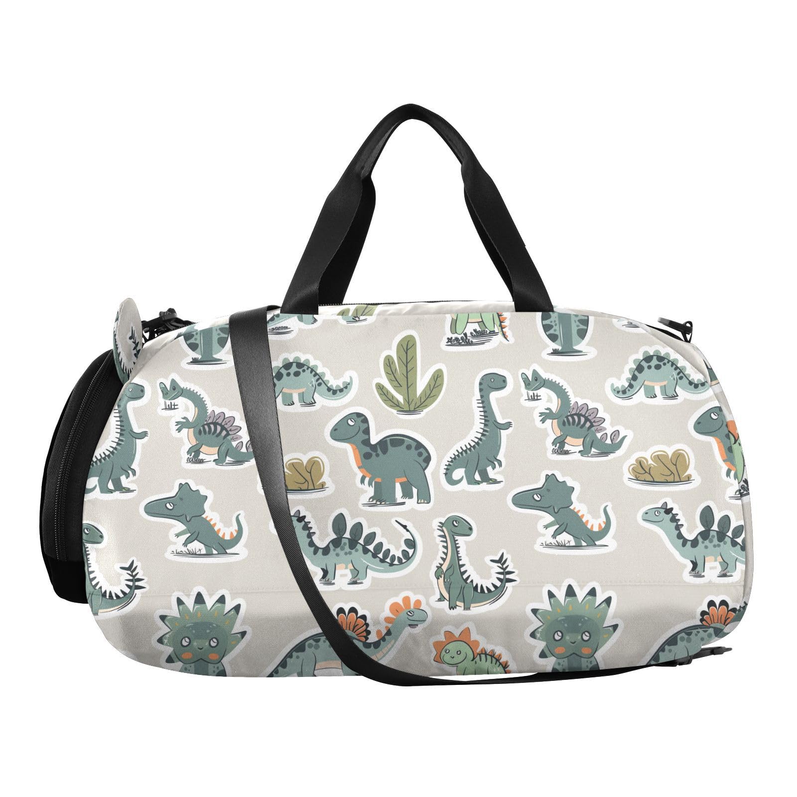 Sticker Style Animal Dinosaur Vector Kids Duffel Bag with Shoes Compartment Lightweight Overnight Travel Weekender Tote for Travel, Swimming, Dance, Ballet bolso para gym
