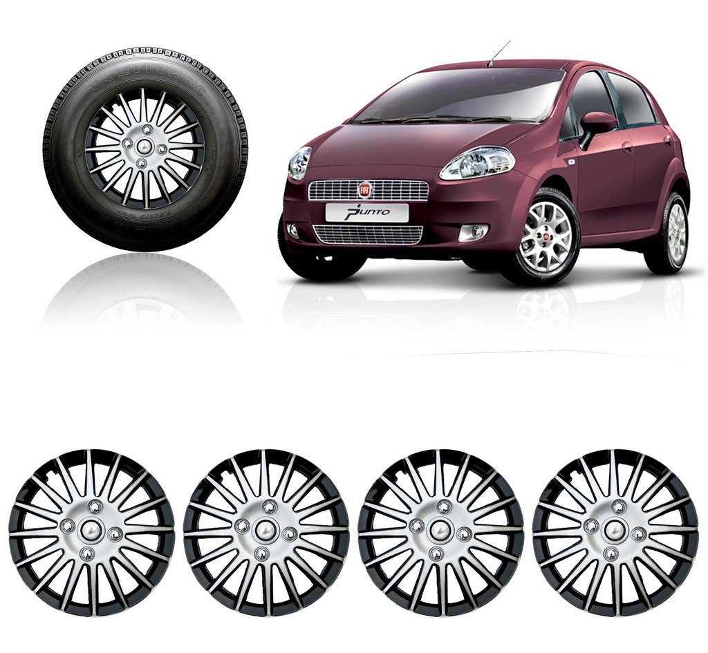 Auto Pearl - Premium 14" inch | Set of 4 Pcs | Press Type Hubcap Wheel Cover Replacements for OEM Steel Wheels ABS with Retention Ring | - for - Punto | Color:- Silver Black-picture-24