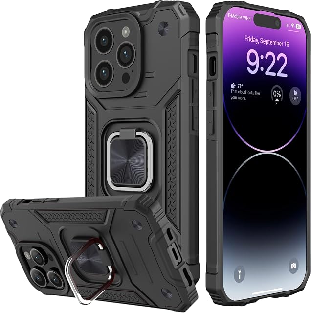 Honeyview ShockProof Case for iPhone 14 Pro 5G with Ring Kickstand, Bumper 3 in 1 Bumper Armour Phone Cover for Apple iPhone 14 Pro 5G - Black