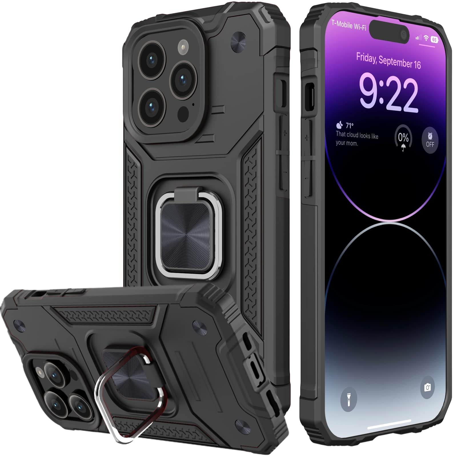 ShockProof Case for iPhone 14 Pro with Ring Kickstand, Bumper Armour Phone Cover for Apple iPhone 14 Pro - Black