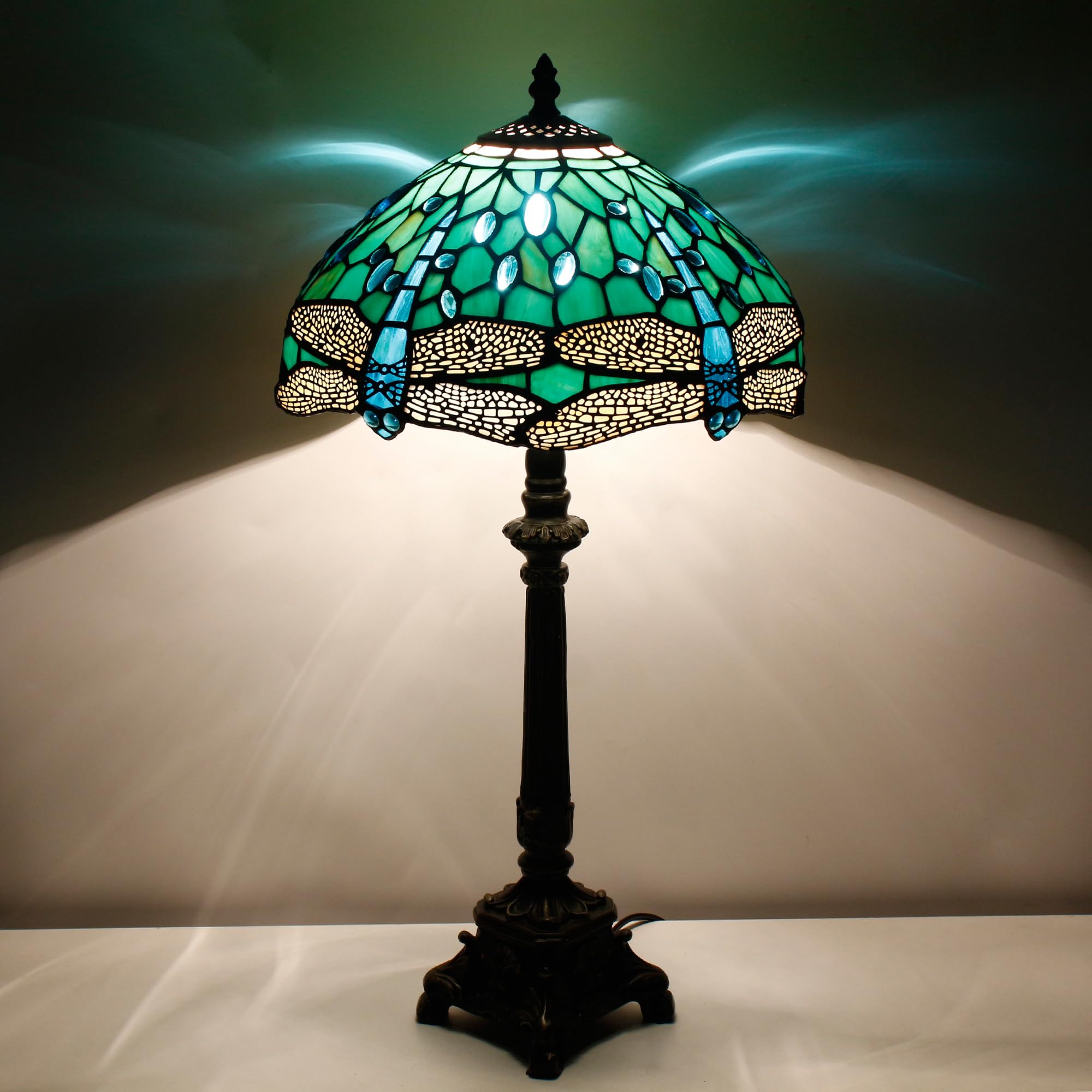 ZJART Tiffany Lamp Stained Glass 12X12X21 Inches Table Lamp Green Dragonfly