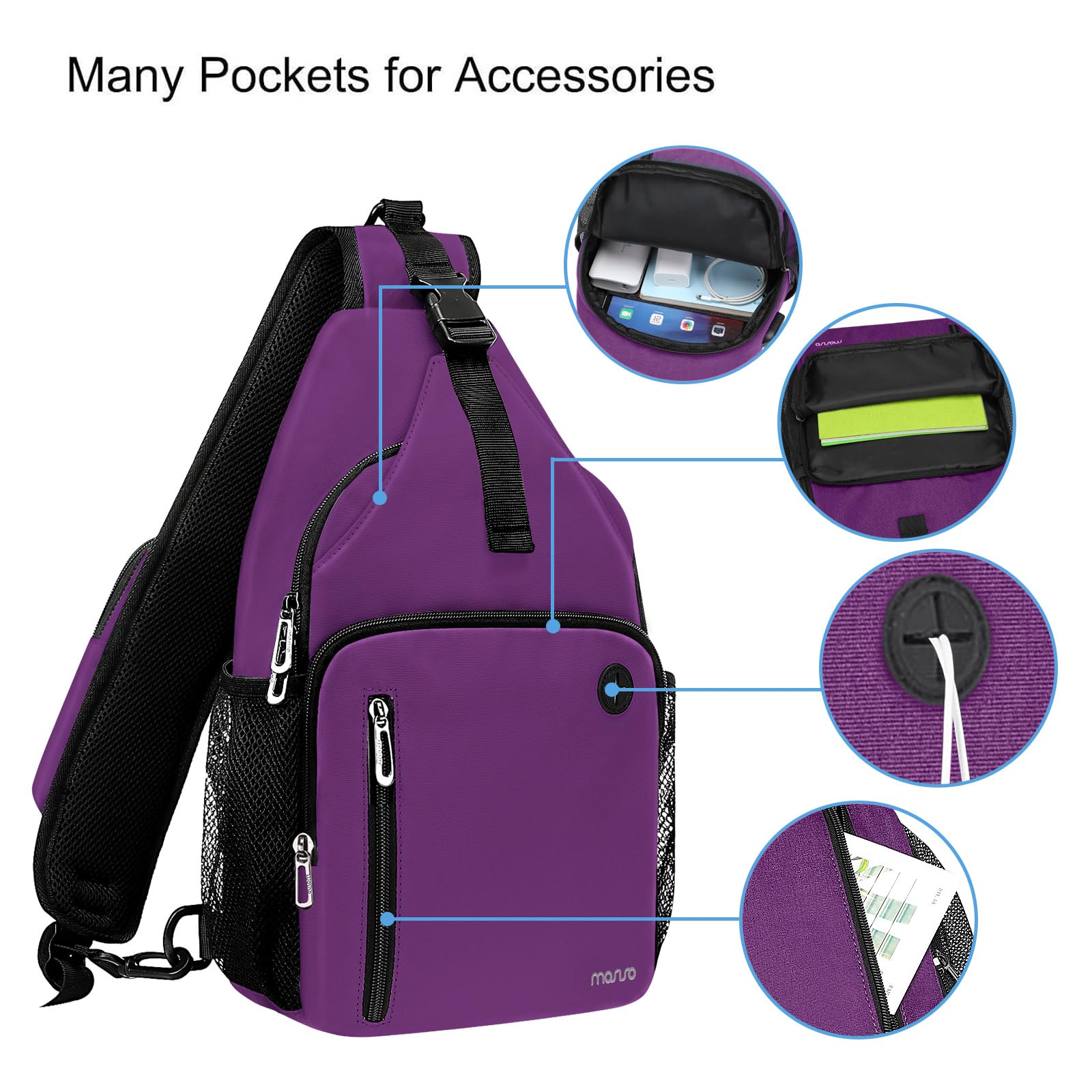 MOSISO Sling Backpack Bag, Crossbody Shoulder Backpack Travel Hiking Daypack Chest Bag with Front Square Pocket&USB Charging Port, Plum - Image 3