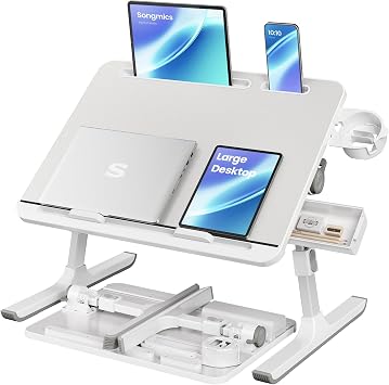 SONGMICS Bed Laptop Desk, Foldable Bed Desk for Laptop, 15.7 x 22 Inches Large Desktop, 120 Stepless Tilt, Adjustable Height, Cup Holder, Tray, Portable Bed Sofa Table, Gray ULLD113GZ01