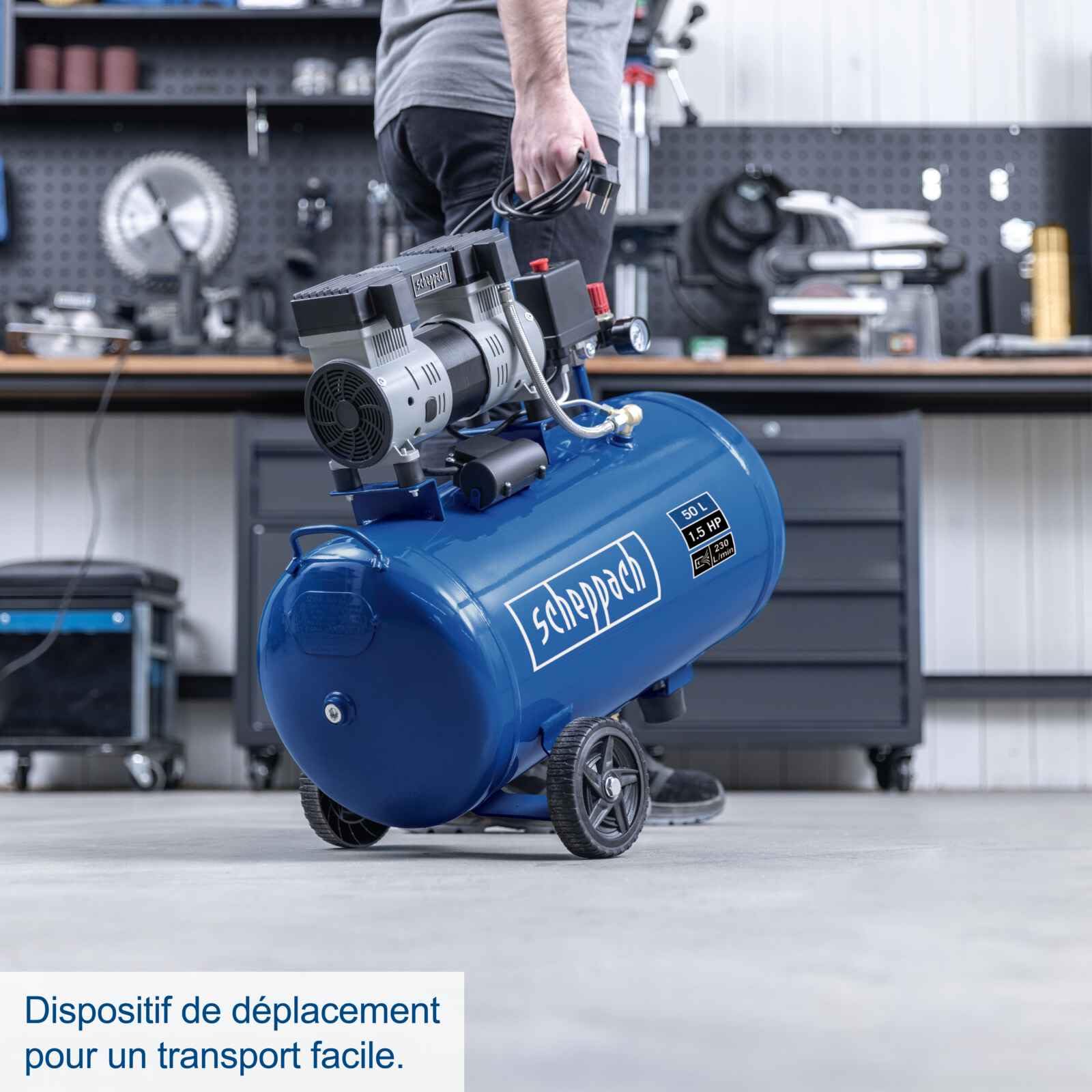 Scheppach Compresseur à double cylindre Super Silent HC52Si - 1100W - 50L | 8 bar - 230 V~ / 50 Hz - puissance d'aspiration 230 l/min - sans huile