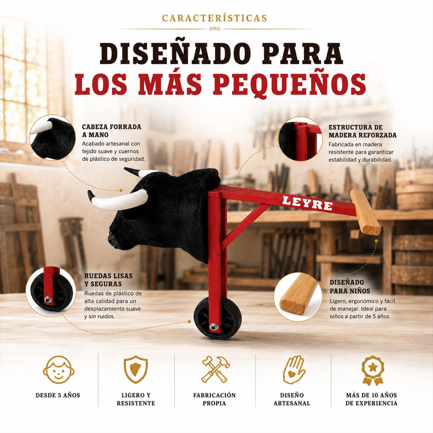 Carretón de madera mediano para niños 75 cm, toro con ruedas personalizable con nombre, cabeza de fibra y cuernos de plástico, juguete taurino infantil para encierros y bous al carrer desde 5 años