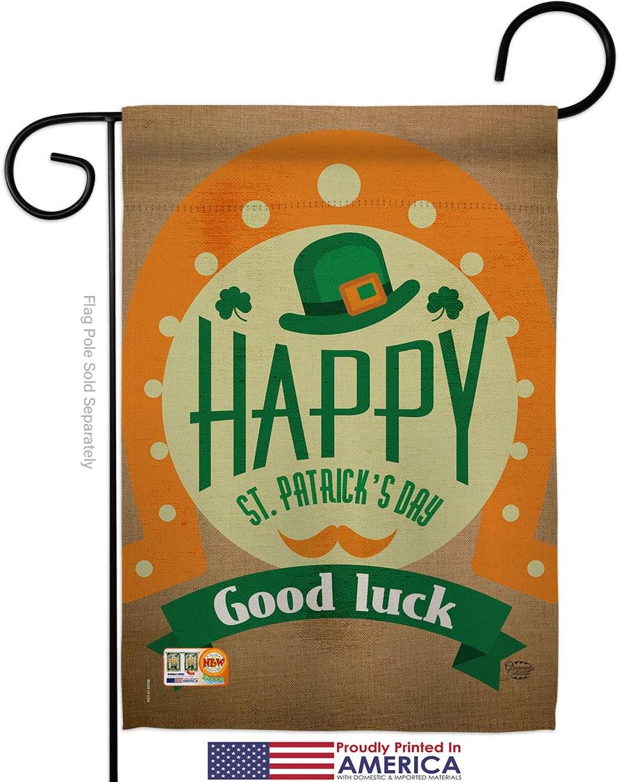Good Luck St Patricks Day Garden Flag Set Wall Holder Springtime Patrick Shamrock Leprechaun Lucky Coin Holiday March Irish Clover Small Gift Yard House Banner Made In USA 13 X 18.5