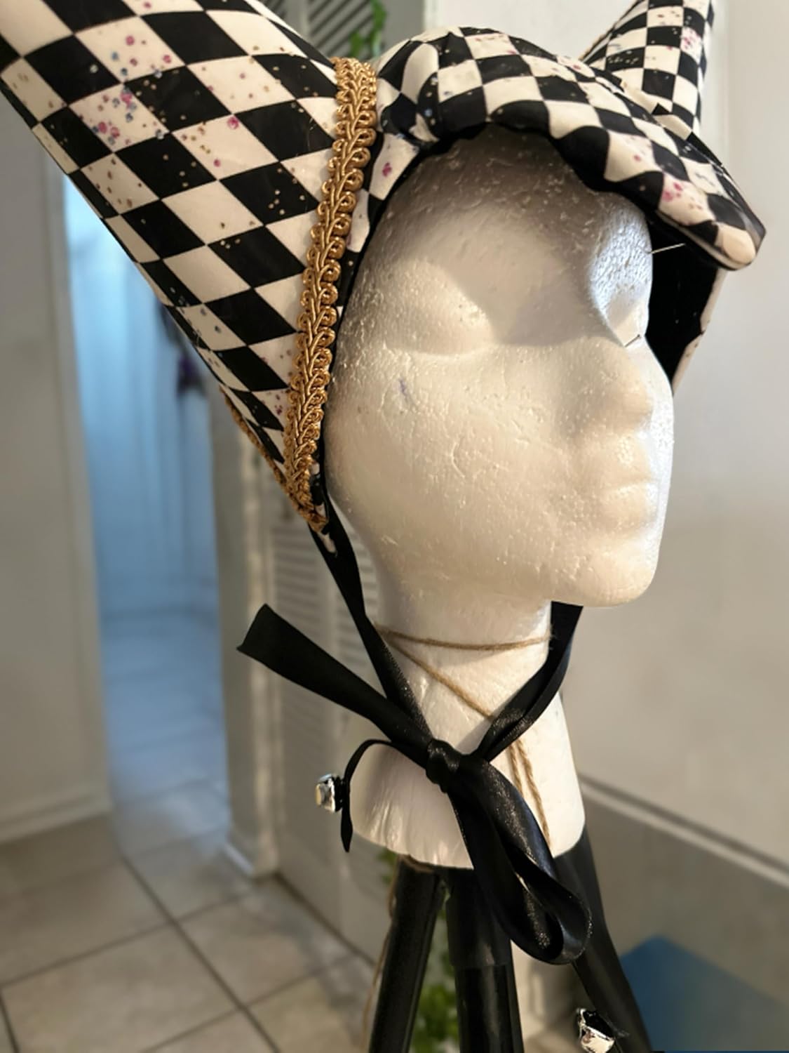 Jester Double Horn Headpiece, Handmade Costume Hat, Renaissance Carnival Masquerade Accessory, Medieval Black and White Checkered Pattern with Gold Trim