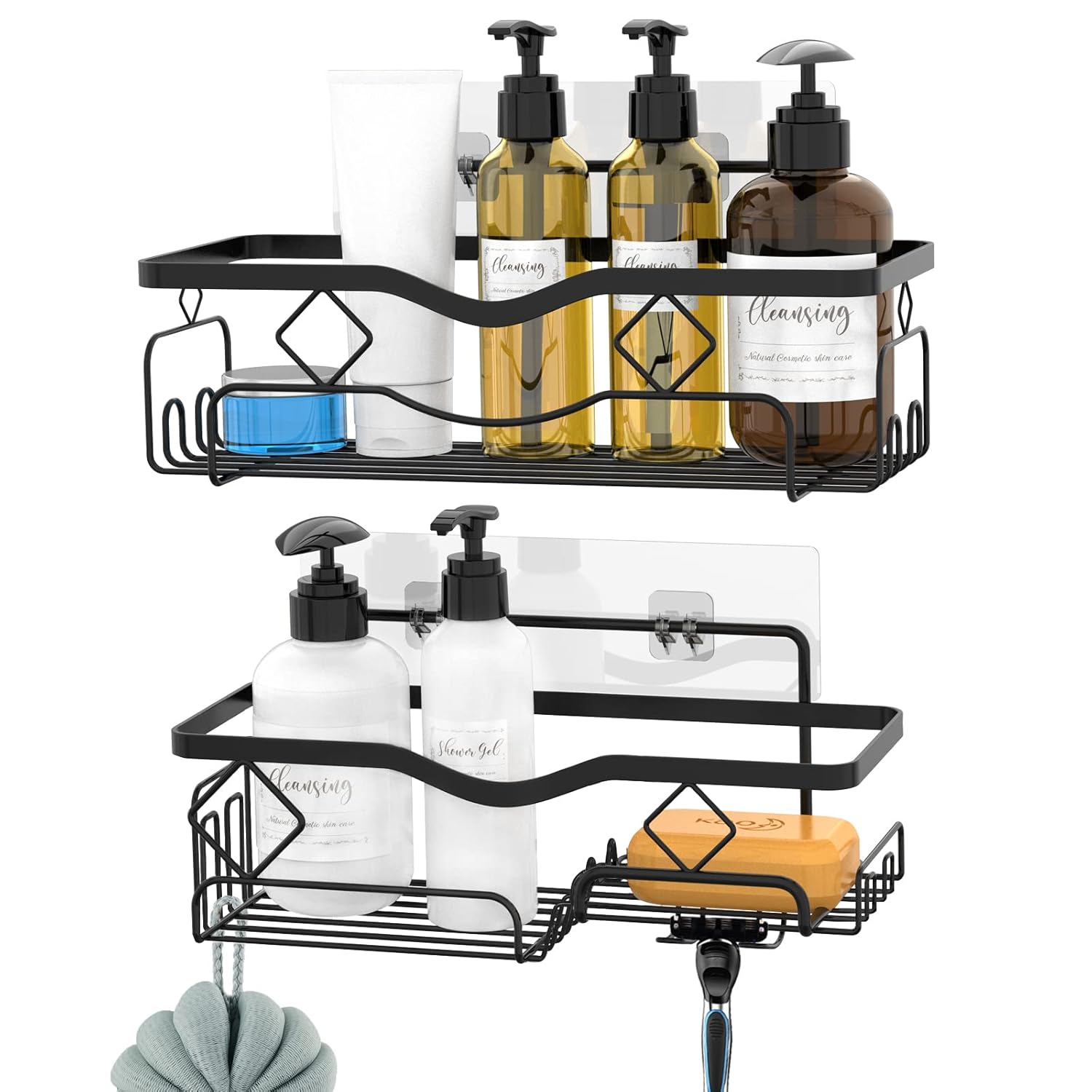 Iseoye Shower Caddy Organizer with Soap Dish 2 Packs Adhesive Bathroom Shower Shelves Basket with 10 Hooks 304