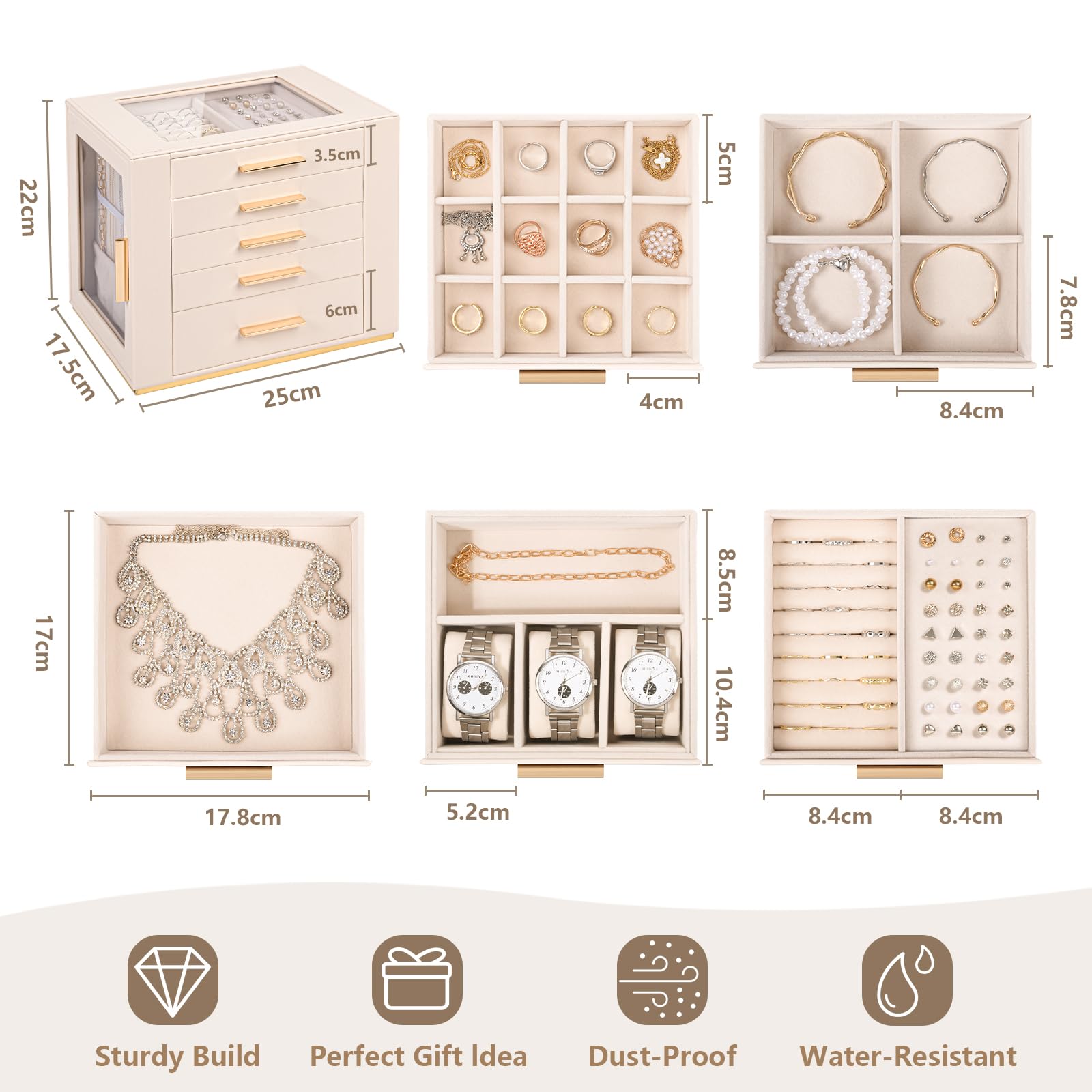 Schmuckkästchen Mädchen, Schmuckaufbewahrung Groß,Schmuck Organizer Schublade,Schmuckkasten mit Glasdeckel,Jewelry Box für Ohrringe,Uhren,Ringe,Schmuckschatulle für Weihnachten,Valentinstag