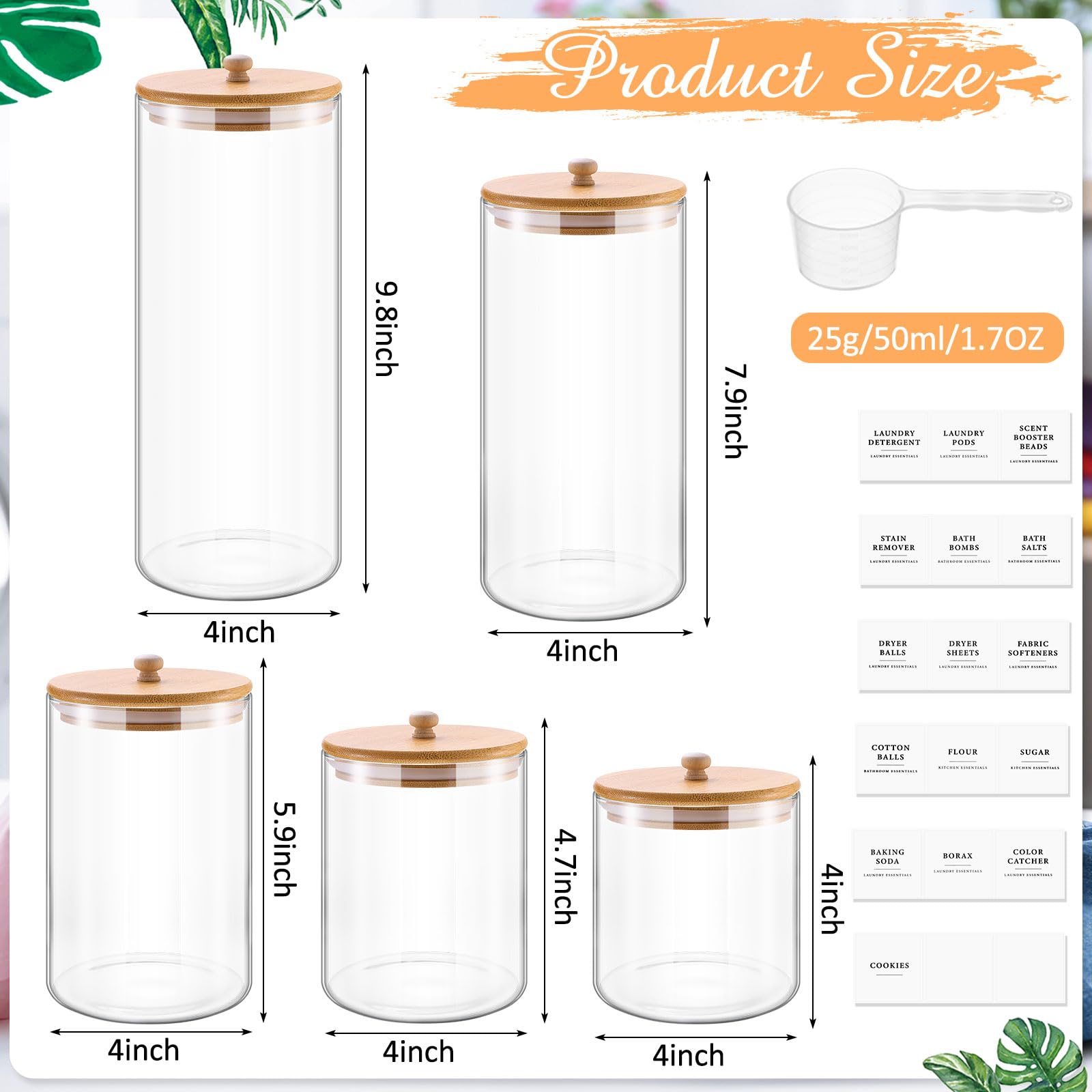 Tioncy 5 Pack Laundry Room Organization Dryer Sheet Holder Laundry Pods Container Clothes Detergent Container Jars with Lids Labels for Detergent Scent Booster Beads