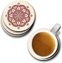 قواعد اكواب لترابيزة العشاء من يوبينجو بتصميم ماندالا تقليدية 1 (ام دي اف، مجموعة من 4 قطع، 9.5 × 9.5 سم، دائرية)