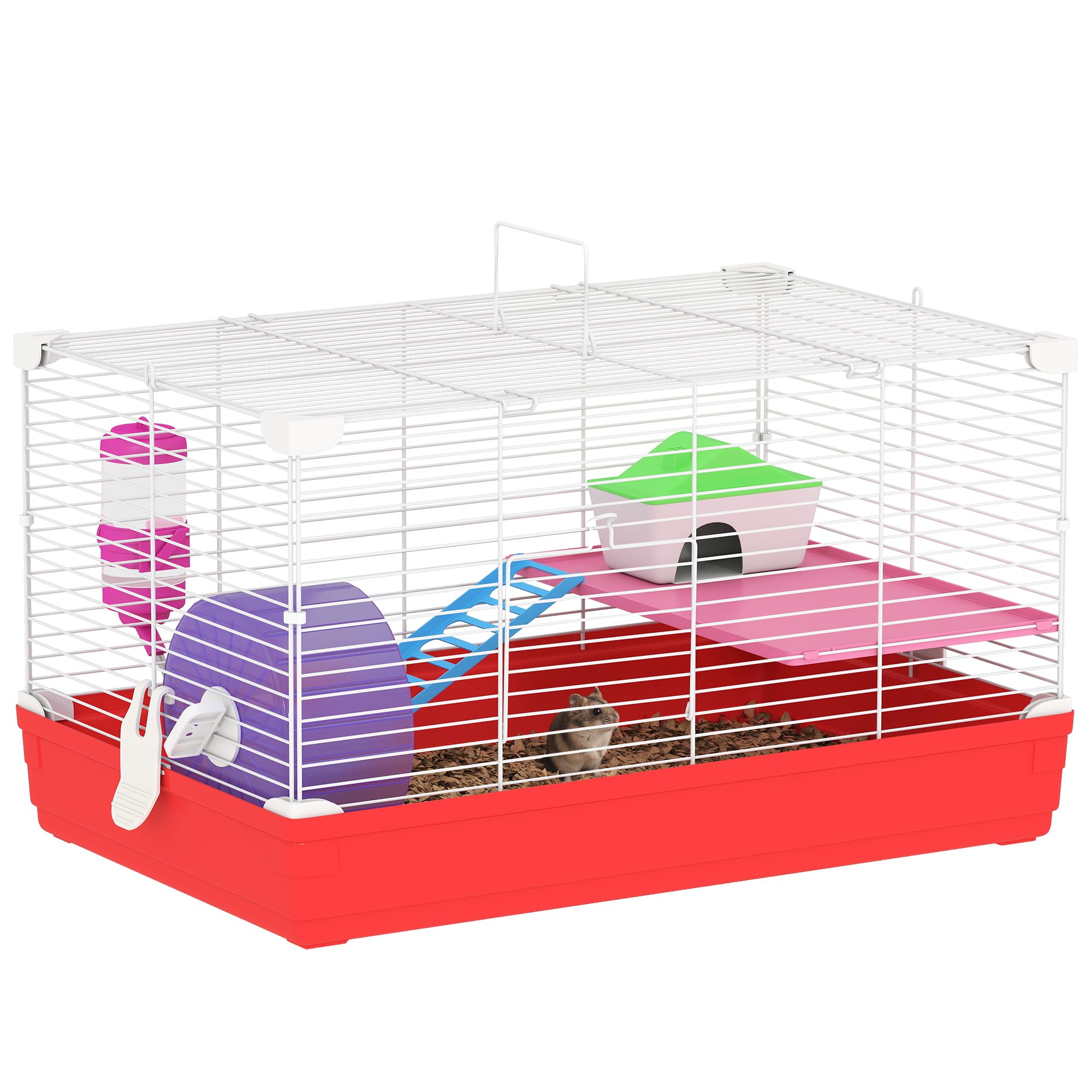 PawHut Hamster Travel Cage Box - Red, Double Layers, Accessories Included
