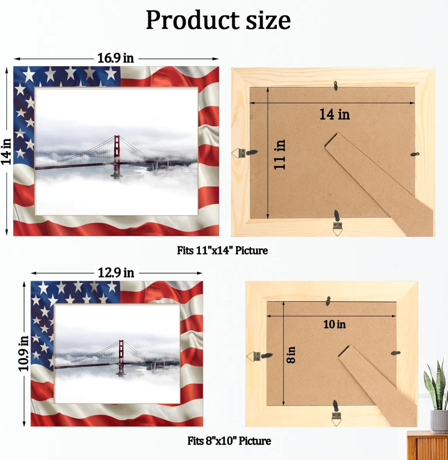 American Usa Flag 8x10 Horizontal Picture Frame, 8x10 Wood Photo Frames Tabletop Display or Wall Mounting for Gallery Offices Home Decor Gift or Vertical Self Standing