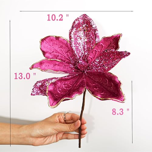 Miniatura 2 de Lotus Hills Flores de Pascua artificiales de terciopelo de 10 pulgadas, 6 palillos de Pascua de Navidad grandes con purpurina, tallos florales para