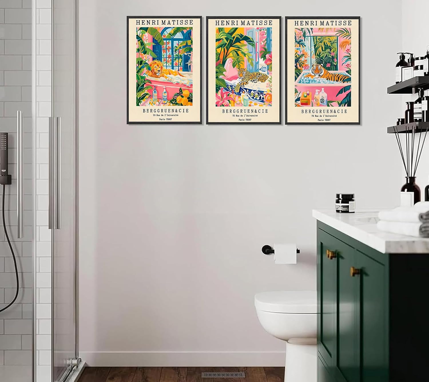 3Pc Vintage Henri Matisse Style Wall Art Tiger Lion Leopardin Bathtub Funny Animals Posters Artwork Tropical Botanical Floral Painting Pictures Wall Decor for Bathroom Home Decoration 12x16In Unframed