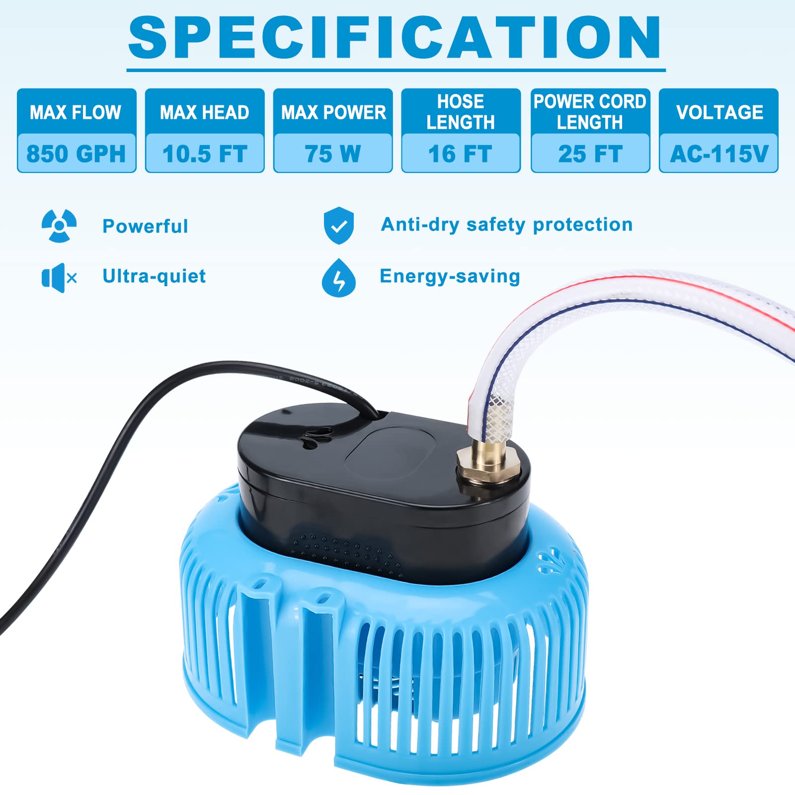 Yaegoo Pompa di copertura per piscina, AC 110 V 850 GPH fuori terra, pompa dell'acqua sommergibile con tubo di drenaggio da 4,9 m e 3 adattatori
