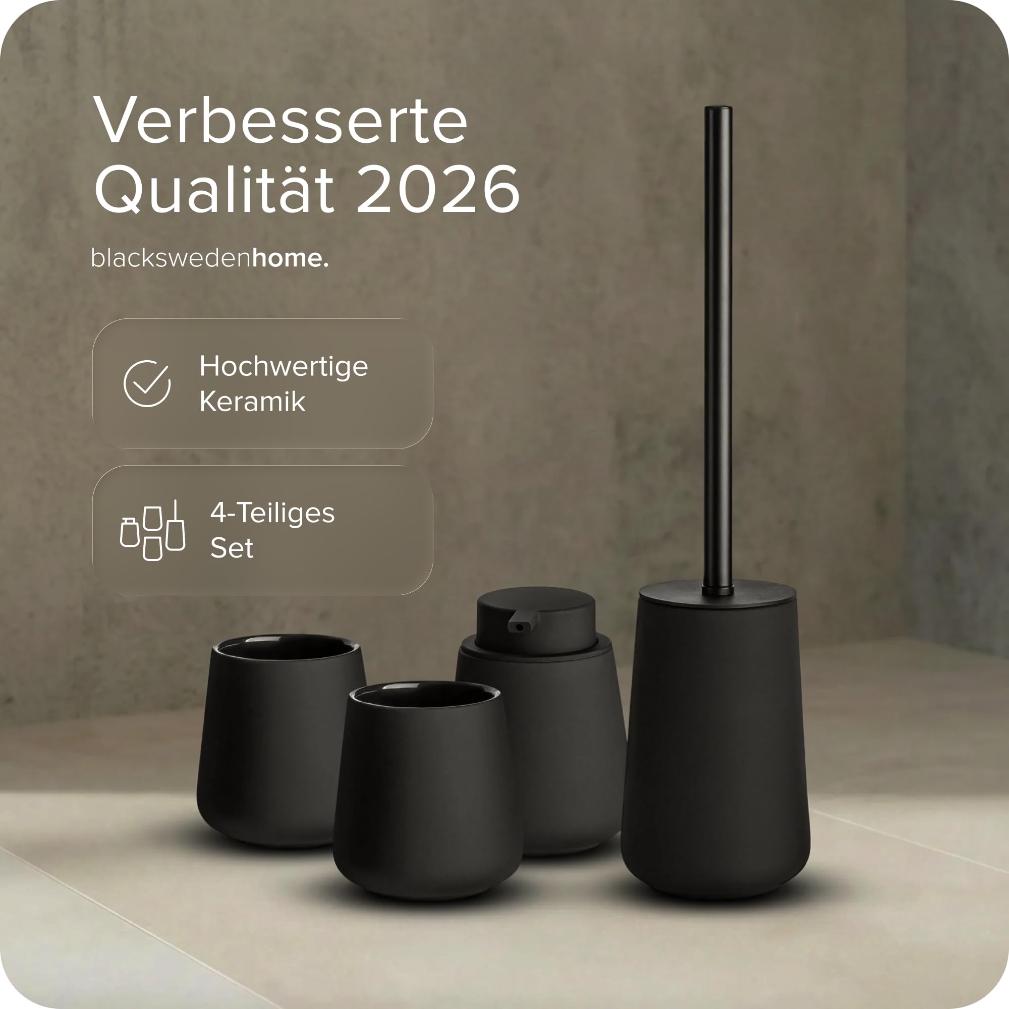 blackswedenhome. Badezimmer Set Schwarz - Hochwertiges Keramik Set - Seifenspender schwarzs, Zahnputzbecher, Toilettenbürste mit Silikonborsten - Nordic Design, Badaccessoires matt, Seifenspender Bad