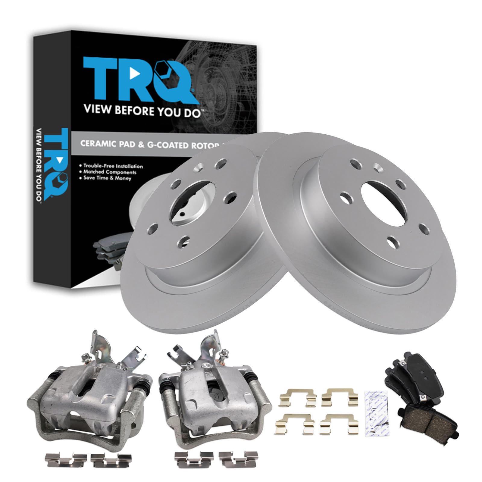 TRQ Rear Brake Pad and Rotor Set Ceramic Solid Rotors Calipers