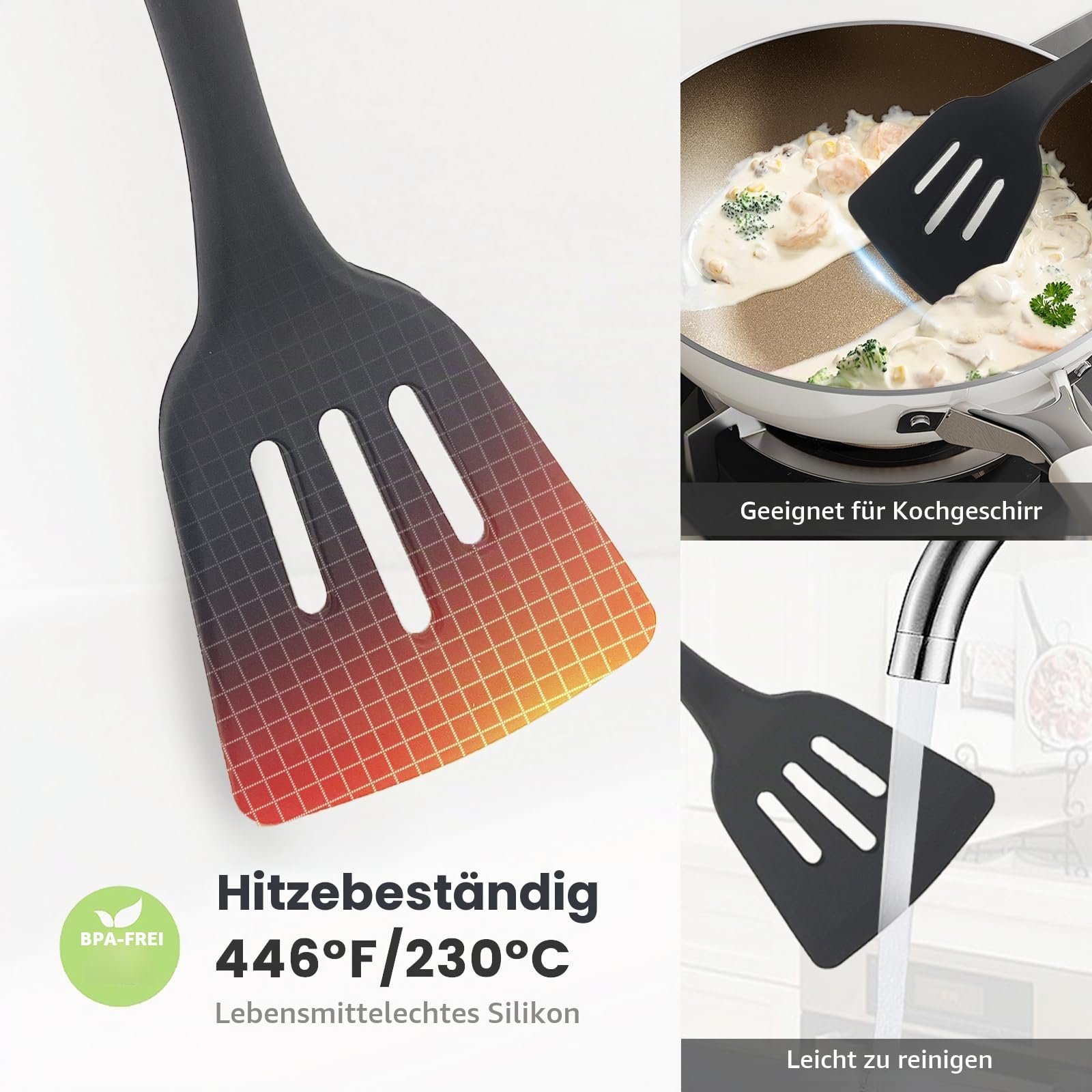 Daily Treasures 12PCS Silikon Küchenutensilien Sets,Holzgriff Kochutensilien Set mit Bauernhof Utensilienhalter,Hitzebeständig Antihaft-Küchenutensilien Set,Schwarzes Küchenzubehör Set Spatel