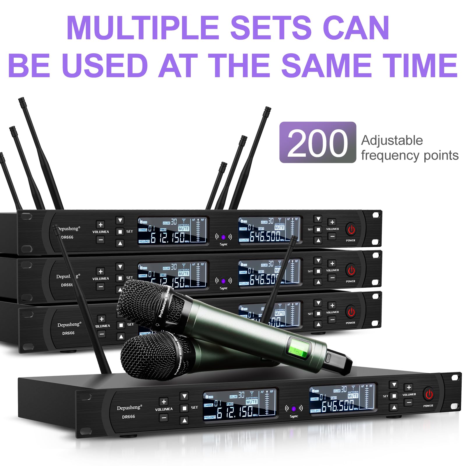 Depusheng DR666 Microfono wireless professionale Karaoke Doppio microfono senza fili palmare, scocca in metallo, ricezione a lunga distanza 100 metri, dedicato per il palcoscenico del bar